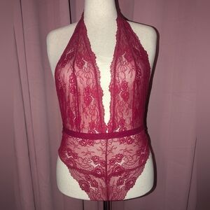 Fox & Royal Lace Halter Bodysuit - Burgundy XS/14